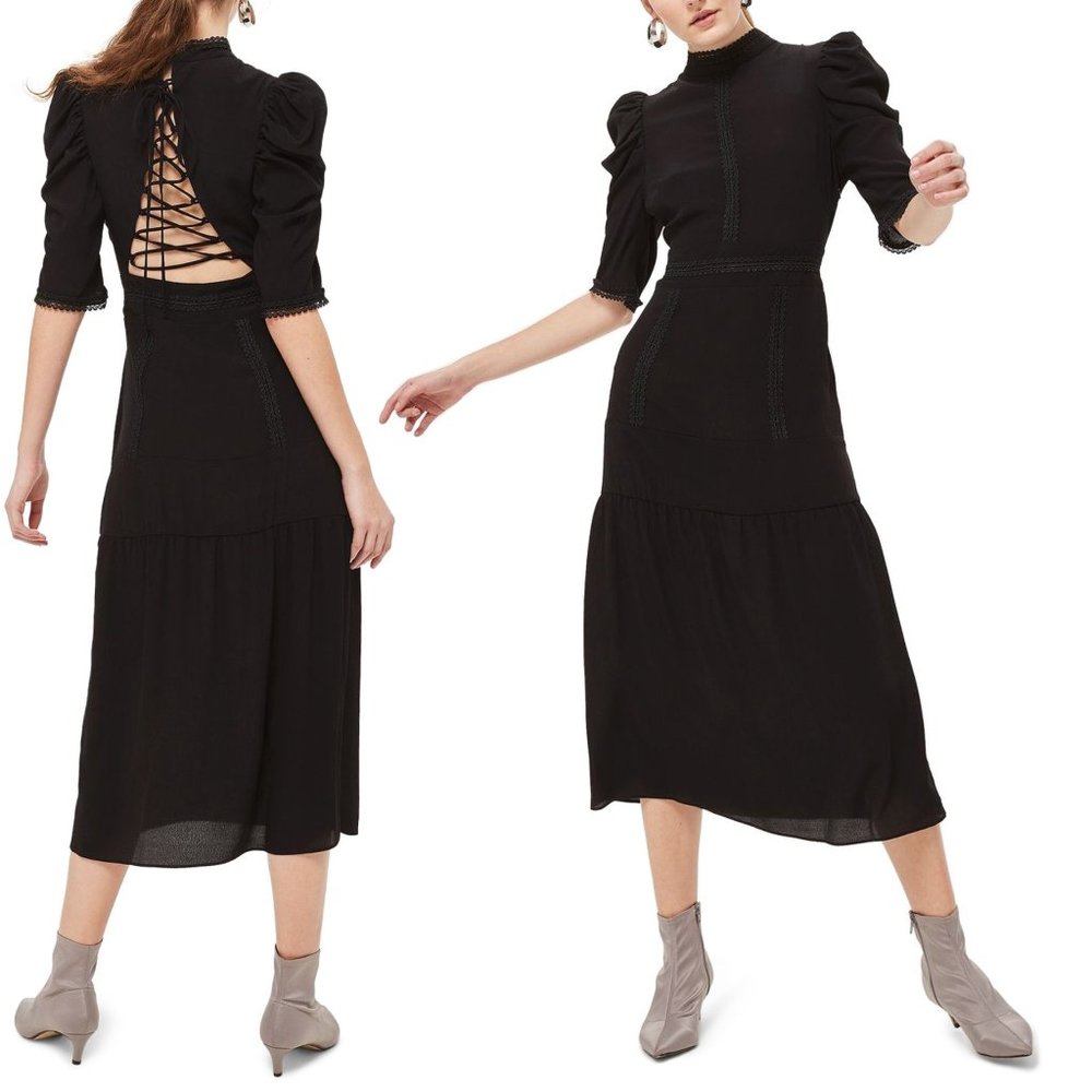 Topshop Lace-Up Corset Back Tiered Midi Dress